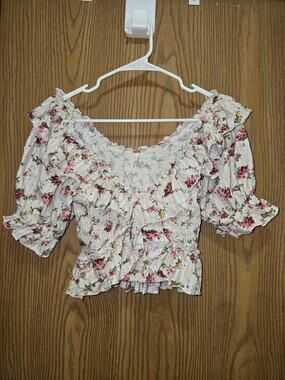 Free People Extra Small Favorite Girl Cream Floral Smocked Boho Ruffle Blouse